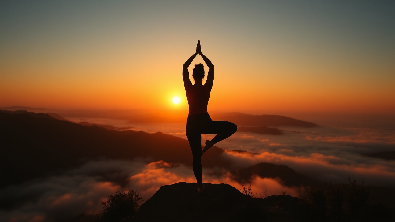 Силуэт йога на вершине горы в рассвет