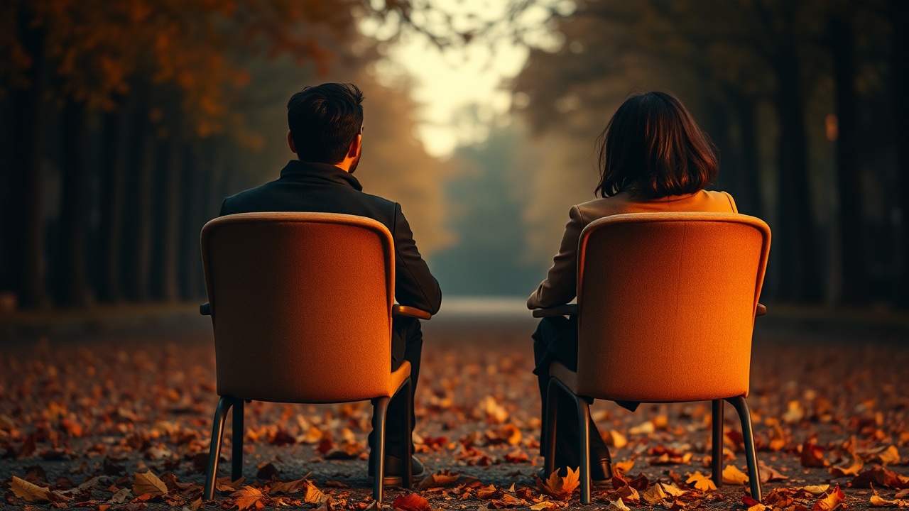 Два стула в осеннем свете на расстоянии