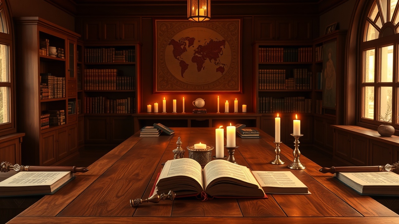 Пространство обучения с книгами и свечами