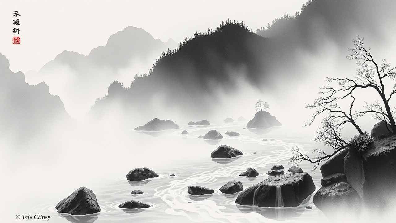 Горная река в тумане путь Дао