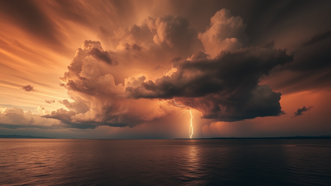 Гроза над спокойным озером в контрасте